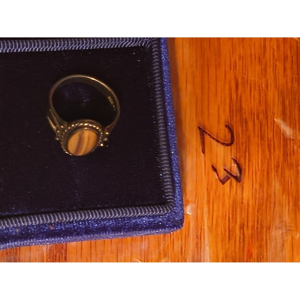 Vintage 925 Tigers Eye Oval Cabochon Ring Size 7 Rope Bezel Brown Womens